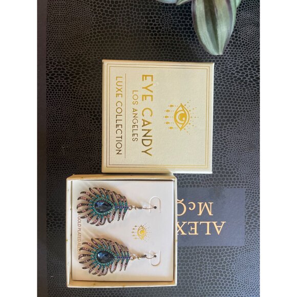 Crystal Peacock Feather Drop Earrings EYE CANDY LOS ANGELES - Picture 4 of 4